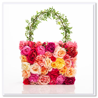 An exquisite rose bag greeting card from Golly Gosh Creations. Size 142 x 142 mm. Created from colourful roses.