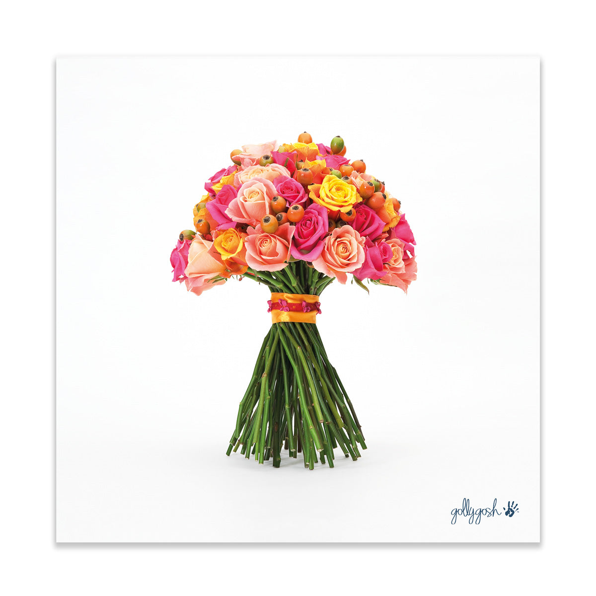 A rose bouquet fine art print from Golly Gosh Creations. Crafted from colourful fresh flowers.  Printed on quality white art paper. Three sizes available.