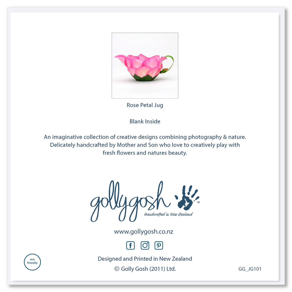 Back cover of a rose petal jug greeting card by Golly Gosh Creations.  Created from vibrant pink rose petals and a dainty rose bud. Size 142 x 142 mm.