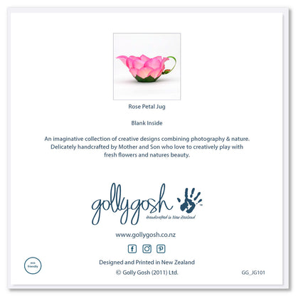 Back cover of a rose petal jug greeting card by Golly Gosh Creations.  Created from vibrant pink rose petals and a dainty rose bud. Size 142 x 142 mm.