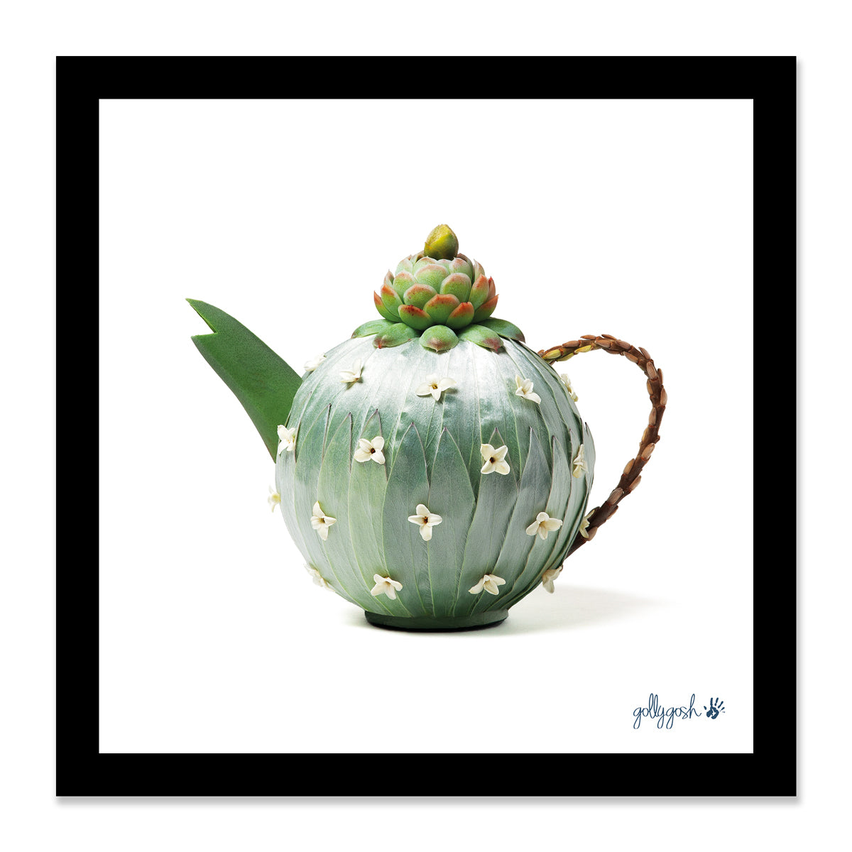 Mock up of a framed silver leucadendron teapot fine art print from Golly Gosh Creations. Available in three sizes ready for framing. 