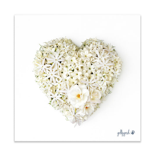 A stephanotis heart fine art print from Golly Gosh Creations. Crafted from dainty blooms. Printed on quality white art paper. Three sizes available.