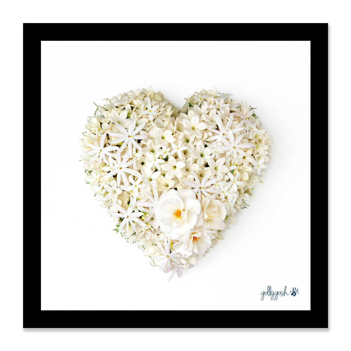 Mock up of a framed stephanotis heart fine art print from Golly Gosh Creations. Available in three sizes ready for framing. 