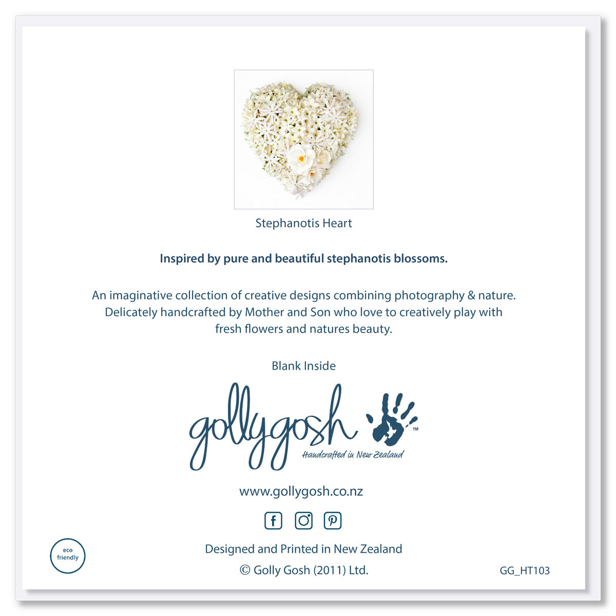 Back cover of a stephanotis bag greeting card from Golly Gosh Creations. A generous square card created from fresh stephanotis blossoms. 