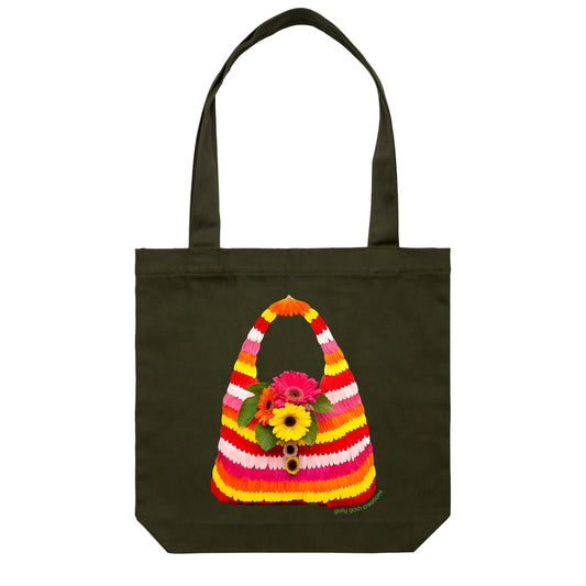 This stripe gerbera petal cotton canvas tote bag  is created from colourful gerbera daisy petals. Found at Golly Gosh Creations. Colour dark green.