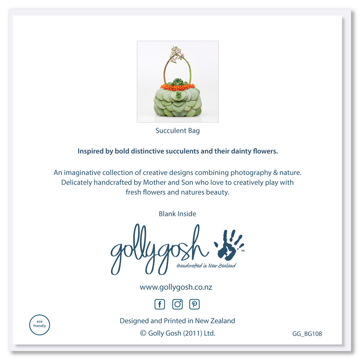 Back of a succulent bag greeting card from Golly Gosh Creations. A generous square card created from distinctive succulents and their dainty buds.