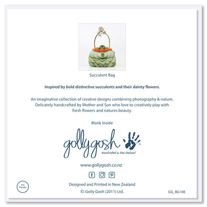 Back of a succulent bag greeting card from Golly Gosh Creations. A generous square card created from distinctive succulents and their dainty buds.