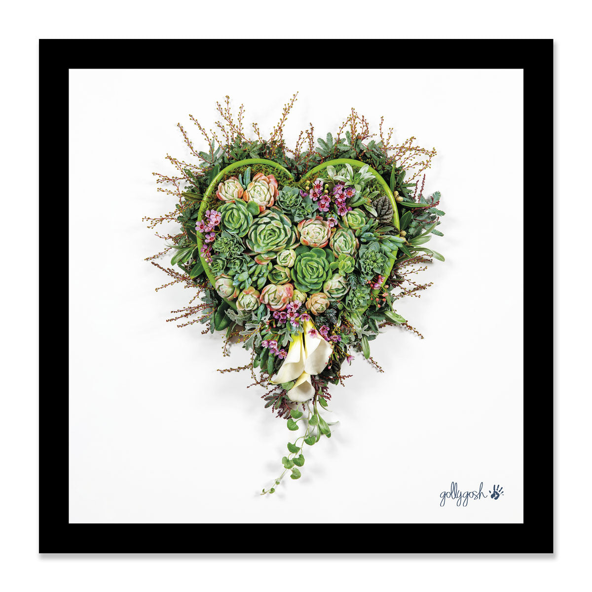 Mock up of a framed succulent heart fine art print from Golly Gosh Creations. Available in three sizes ready for framing. 