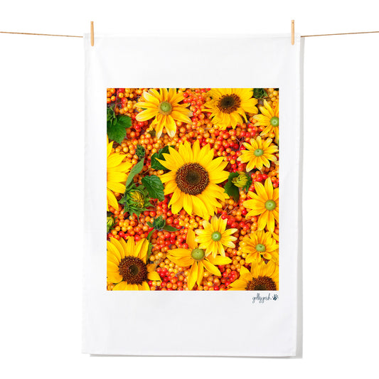 A quality cotton tea towel featuring bright blooming sunflowers from Golly Gosh Creations.