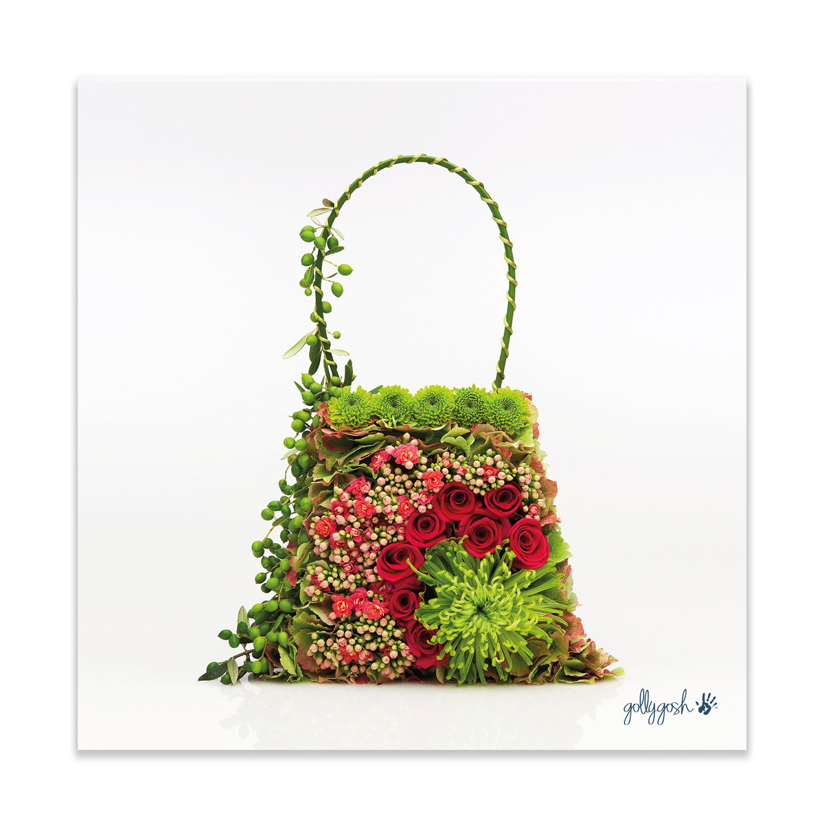 A tapestry bag fine art print from Golly Gosh Creations. Crafted from a tapestry of fresh flowers. Printed on quality white art paper. Three sizes available.