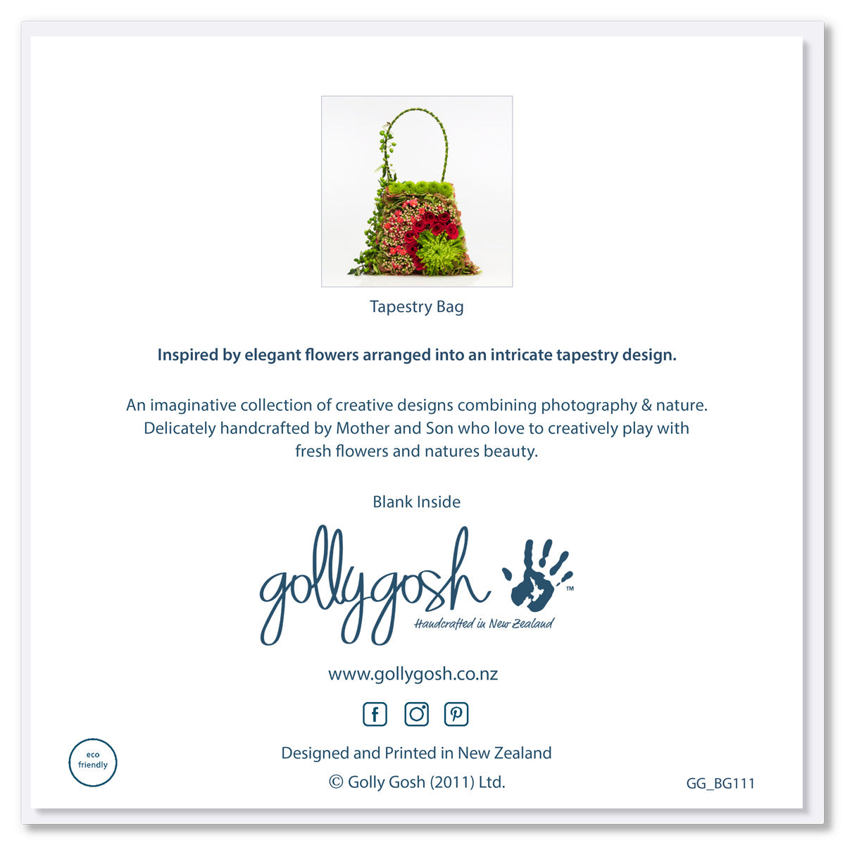 Back cover of a tapestry bag greeting card from Golly Gosh Creations. A generous square card created from from fresh green and red flowers and blooms.