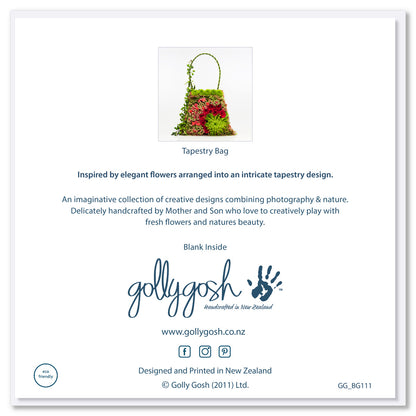 Back cover of a tapestry bag greeting card from Golly Gosh Creations. A generous square card created from from fresh green and red flowers and blooms.