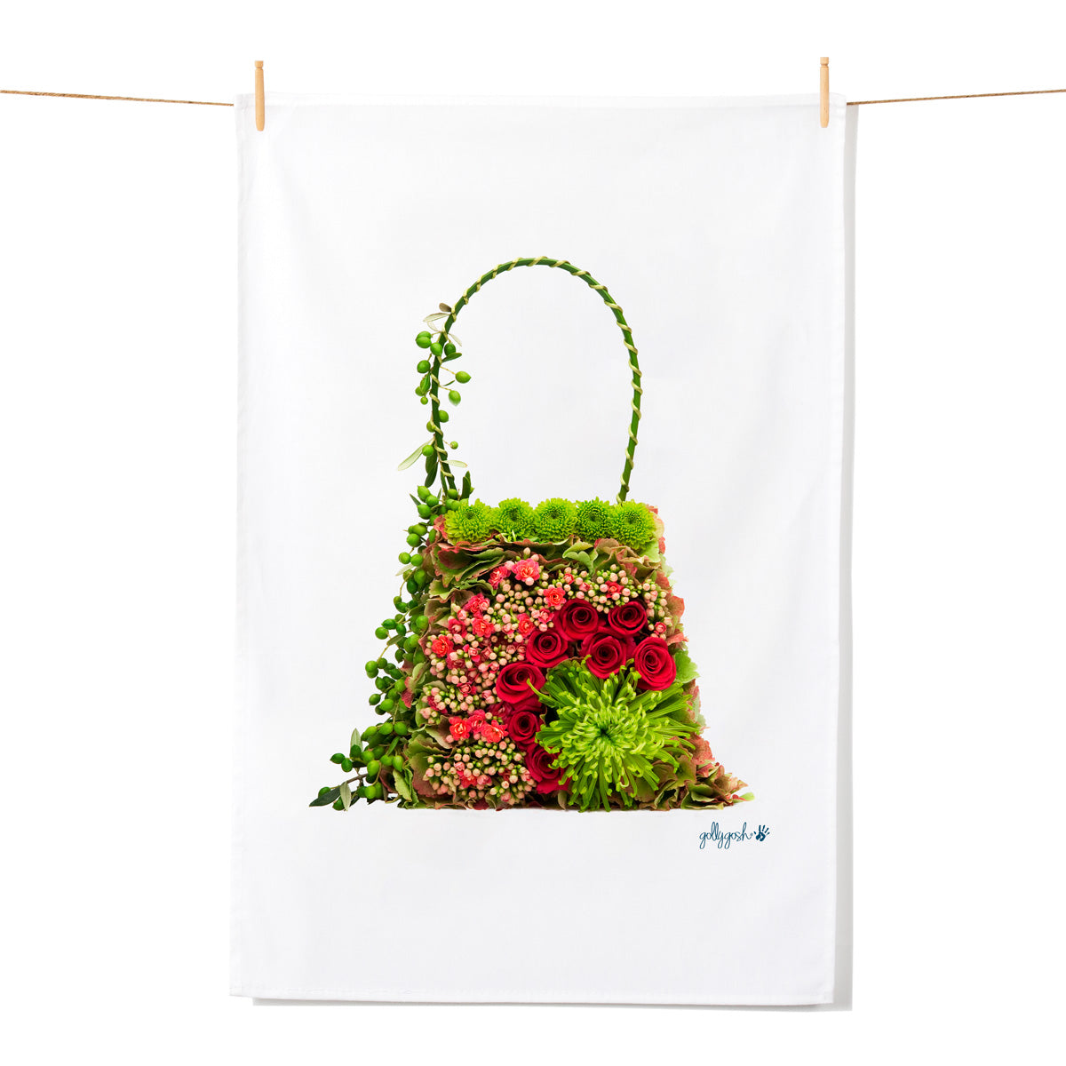 Floral arrangement shaped like a handbag on a white background