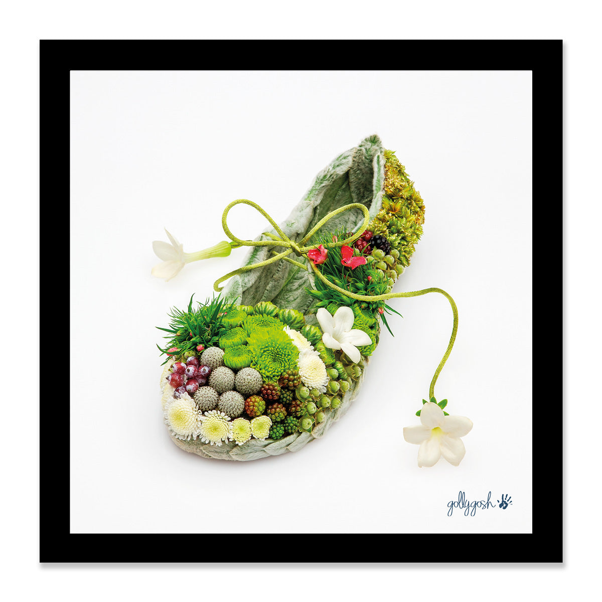 Mock up of a framed tapestry shoe fine art print from Golly Gosh Creations. Available in three sizes ready for framing. 