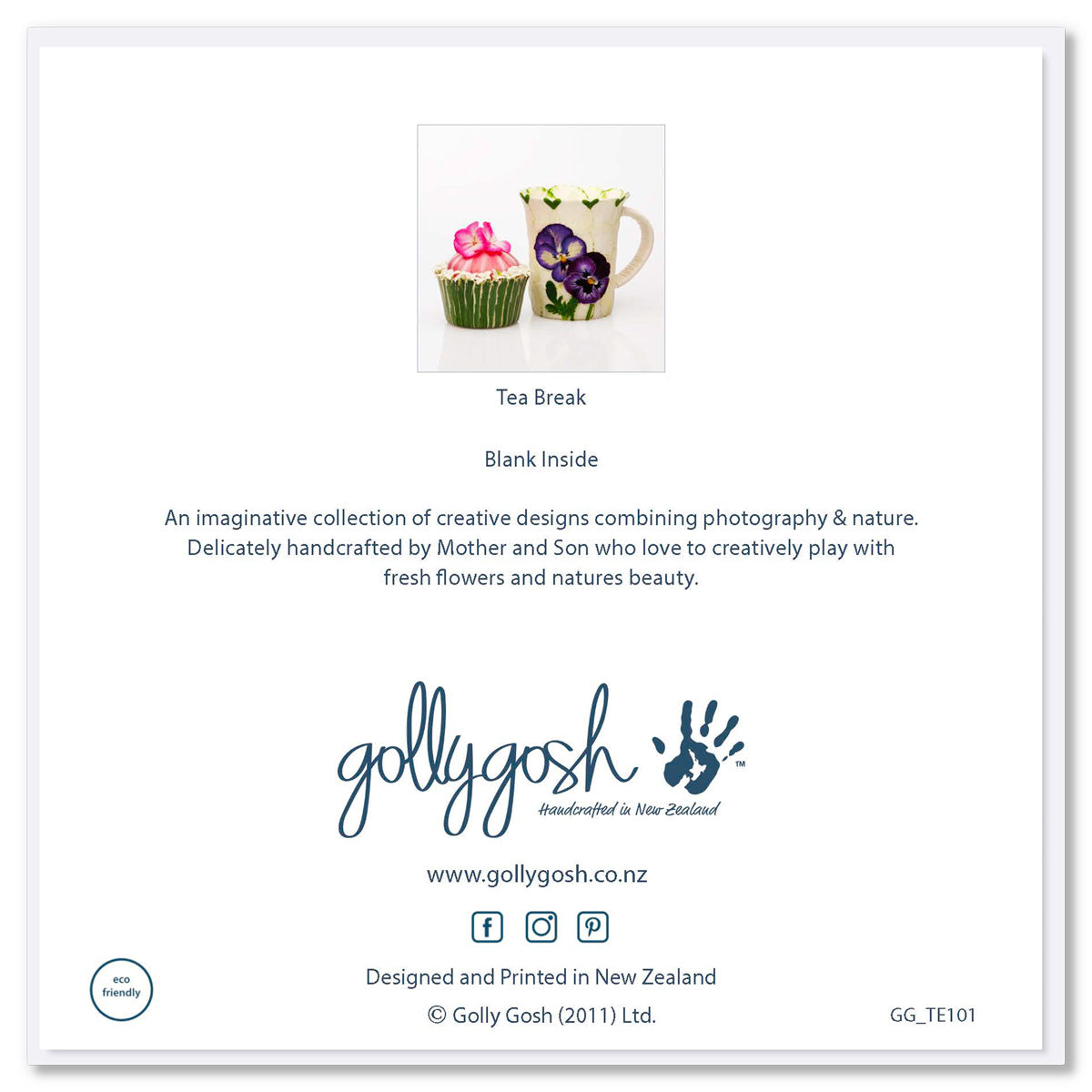 Back cover of a tea break greeting card from Golly Gosh Creations. This sweet card is decorated with delicate and charming flowers. Size 142 x 142 mm.
