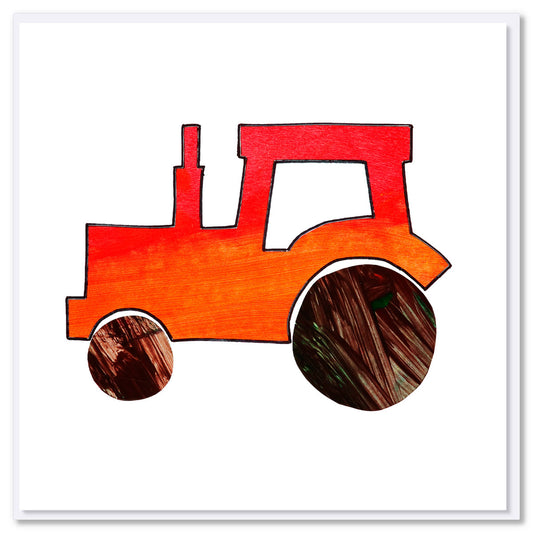 A Colourful greeting card with a kids painting of a red tractor on a white background. Size 142 x 142mm. Found at Golly Gosh Creations.