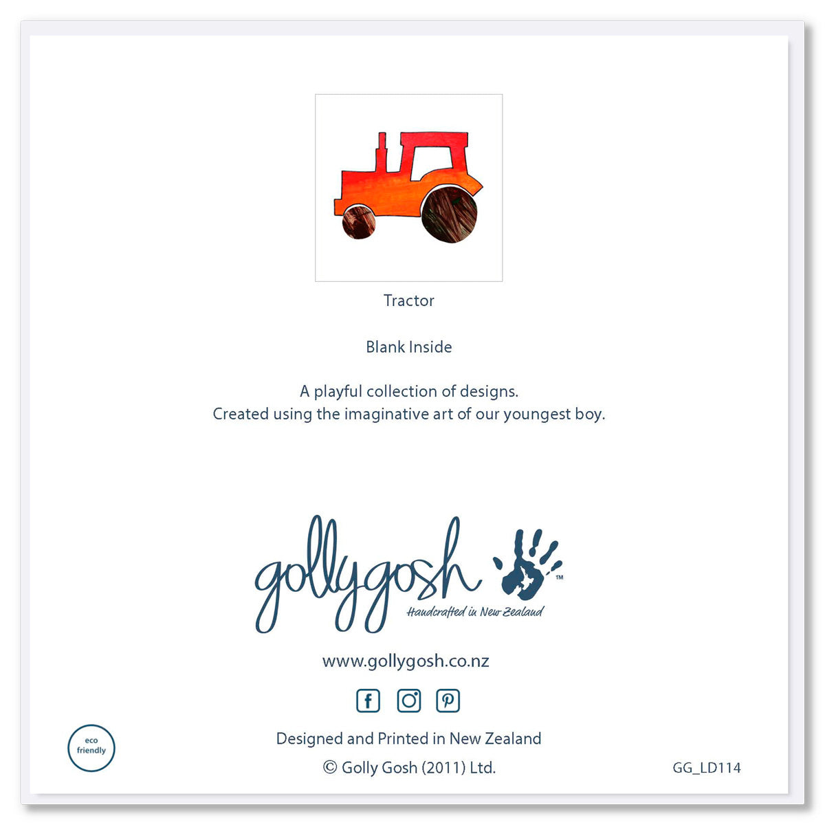 Back cover of a colourful greeting card with a kids painting of a red tractor on a white background. Found at Golly Gosh Creations. Size 142 x 142 mm. 