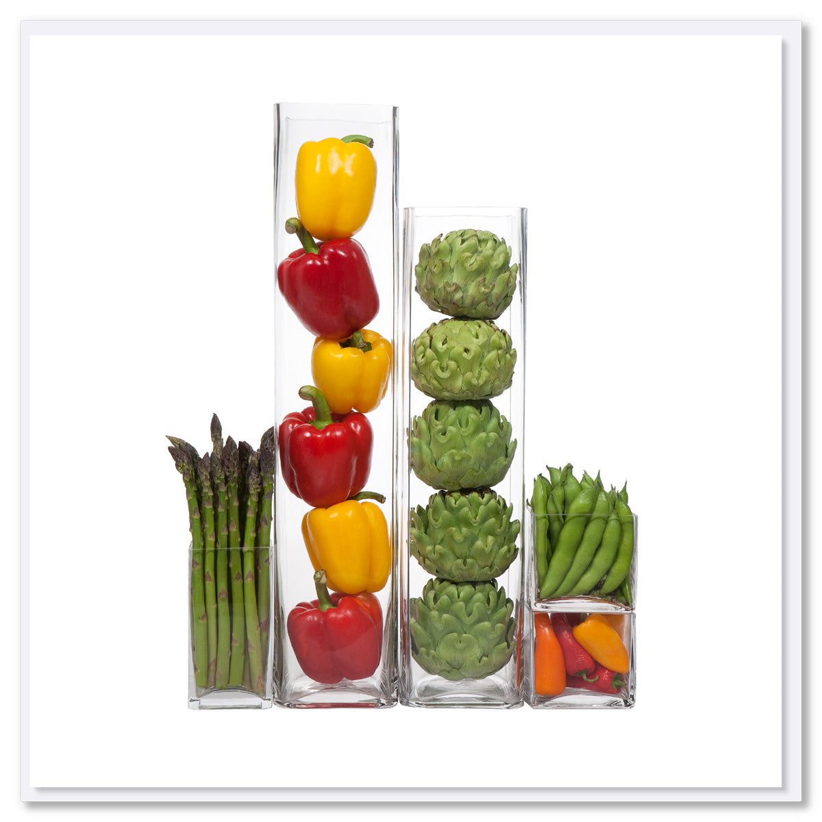 A veg vases greeting card found at Golly Gosh Creations. A colourful arrangement of fruit and vegetables in various size vases. Size 142 x 142 mm.