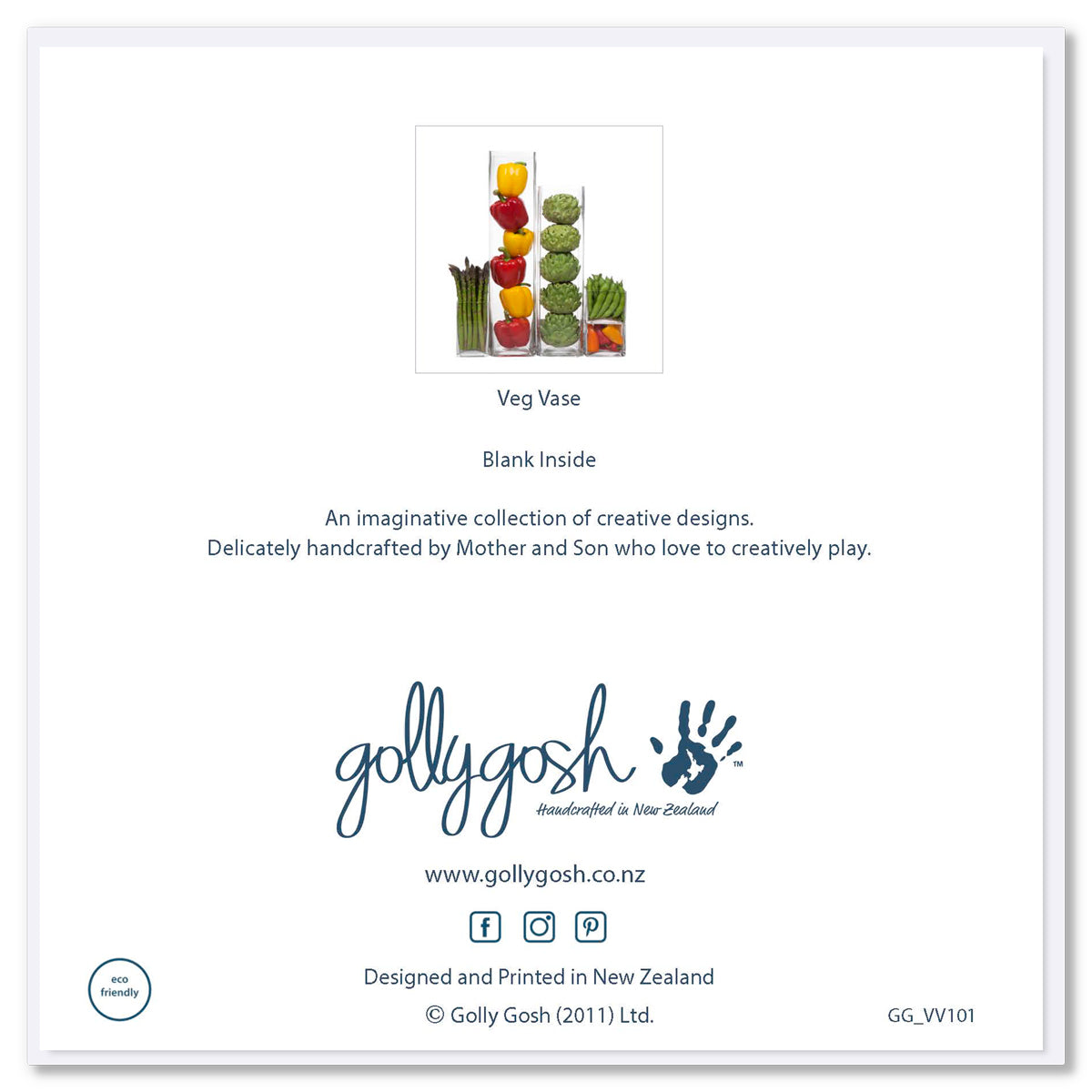The back of a veg vases greeting card from Golly Gosh Creations. Size 142 x 142 mm.  A colourful arrangement of vegetables in various size vases.