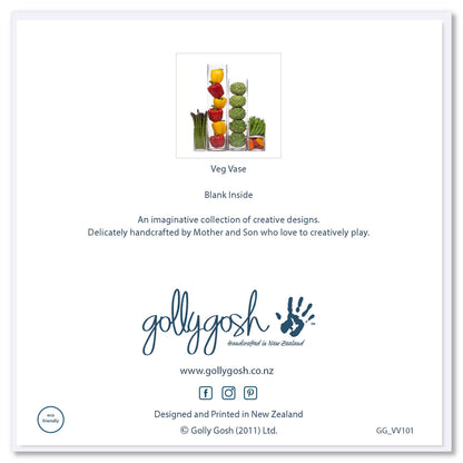 The back of a veg vases greeting card from Golly Gosh Creations. Size 142 x 142 mm.  A colourful arrangement of vegetables in various size vases.
