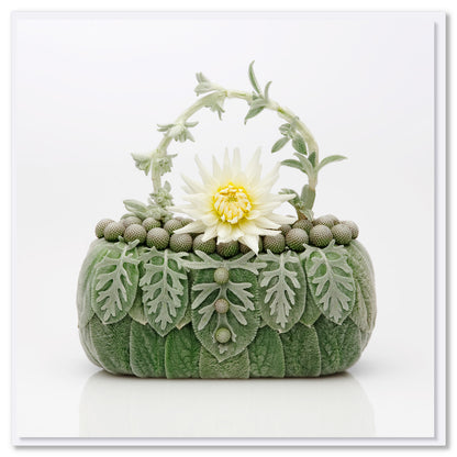 A white dahlia bag greeting card from Golly Gosh Creations. Crafted with a beautiful white dahlia bloom and velvety lambs ear petals. Size 142 x 142 mm.