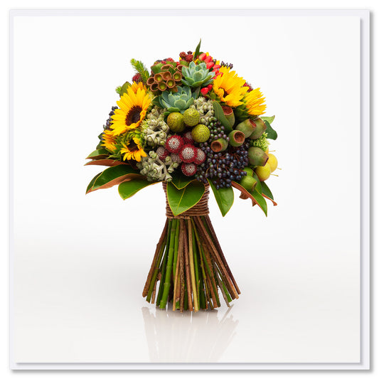 An elegant bouquet of sunflowers, berries and succulents on a white background. Size 142 x 142mm. A quality greeting card found at Golly Gosh Creations.