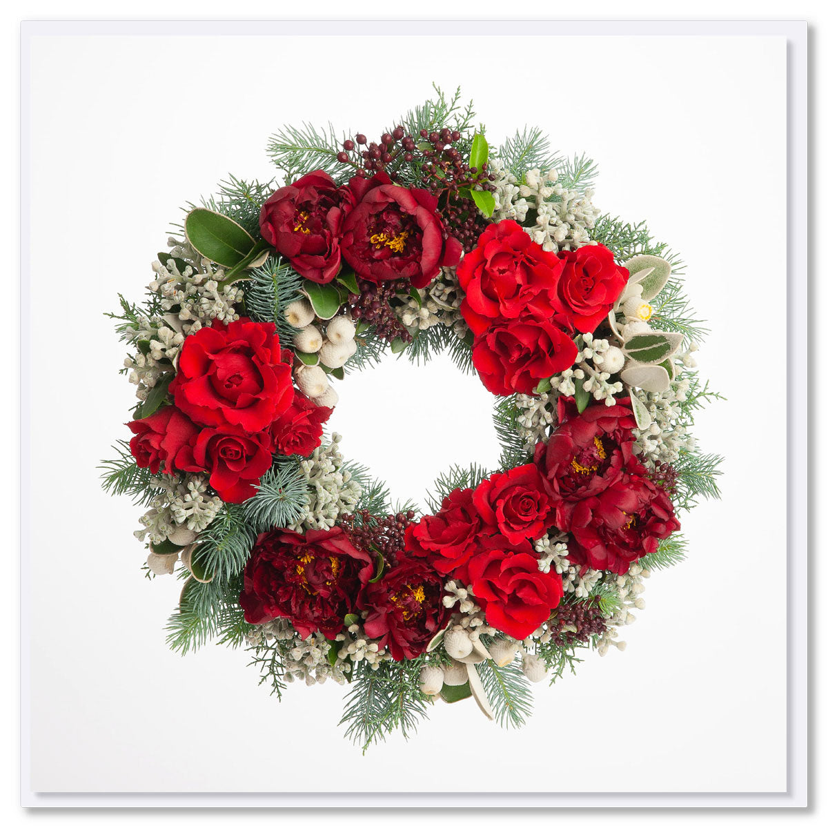 A pretty flower wreath from fresh flowers on a white background. Size 142 x 142mm. A quality greeting card found at Golly Gosh Creations.