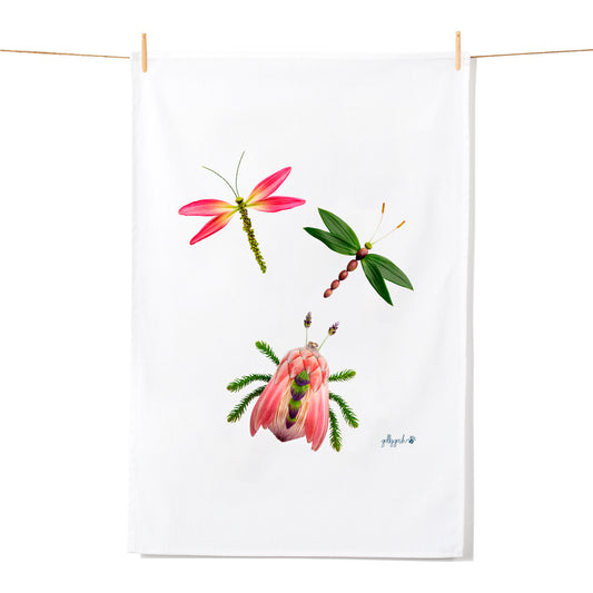 A quality cotton tea towel featuring bright handcrafted flower dragonflies and bug from Golly Gosh Creations. 