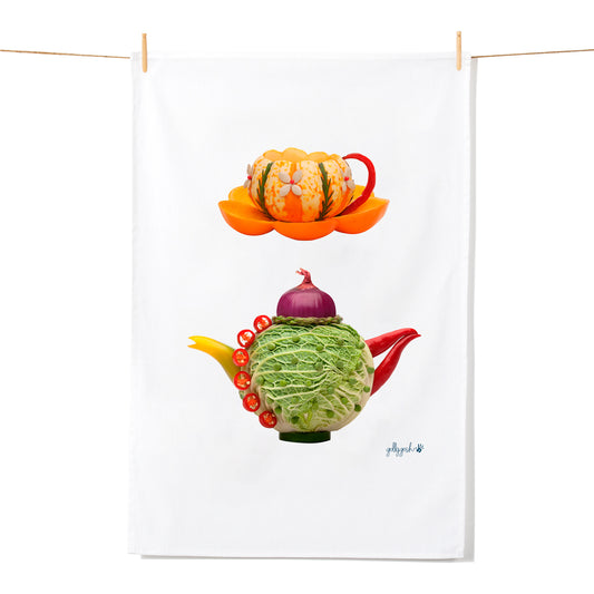 A handcrafted pumpkin cup and cabbage teapot adorn this quality cotton tea towel from Golly Gosh Creations.