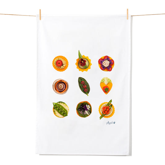 Nine vibrant veg and flower designed canapes. On a quality cotton tea towel from Golly Gosh Creations.