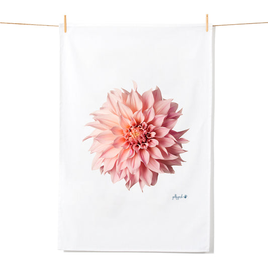 A simply stunning soft pink dahlia flower on a quality cotton tea towel from Golly Gosh Creations.