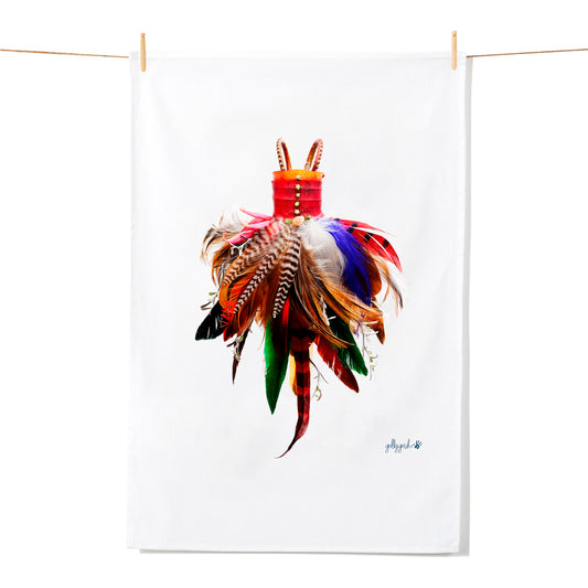 A cleverly handcrafted dress made from feathers on a quality cotton tea towel from Golly Gosh Creations.