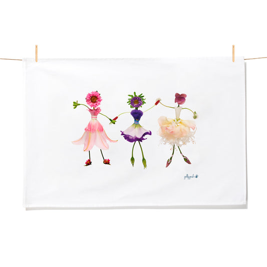 Three delicate handcrafted flower dancing girls on a quality cotton tea towel from Golly Gosh Creations.