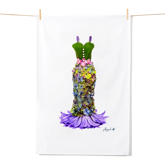 An elegant dress made from fresh hydrangea petals on a quality cotton tea towel from Golly Gosh Creations.