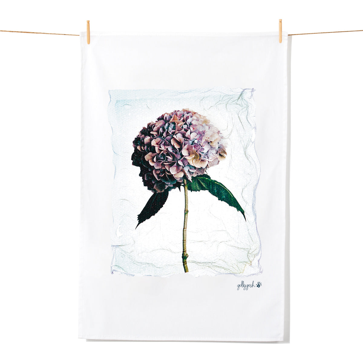 A stunning hydrangea flower created using a delicate polaroid lift off technique on a quality cotton tea towel from Golly Gosh Creations.