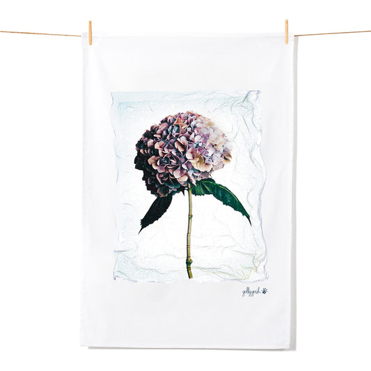 A stunning hydrangea flower created using a delicate polaroid lift off technique on a quality cotton tea towel from Golly Gosh Creations.