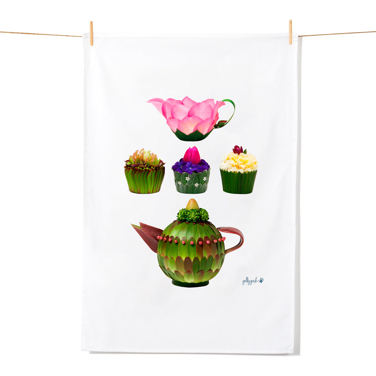 A kitchen themed quality tea towel featuring a jug teapot and cupcakes handcrafted with real flowers by Golly Gosh Creations.