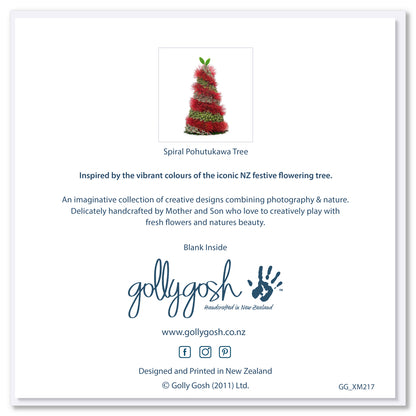 The back of a Christmas card from Golly Gosh Creations. Size 142 x 142m. This spiral pohutukawa tree was created from the iconic NZ festive flowering tree. 