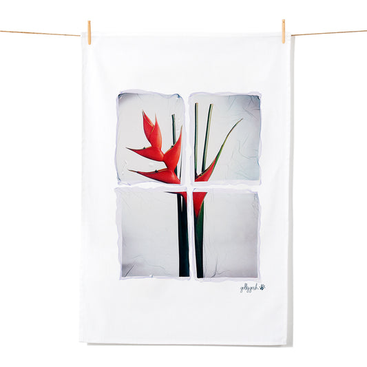 This quality cotton tea towel features a bright red strelitzia flower. Four polaroids are used to create this design by Golly Gosh Creations.